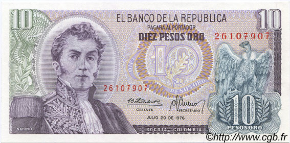 10 Pesos Oro COLOMBIA  1976 P.407f SC+