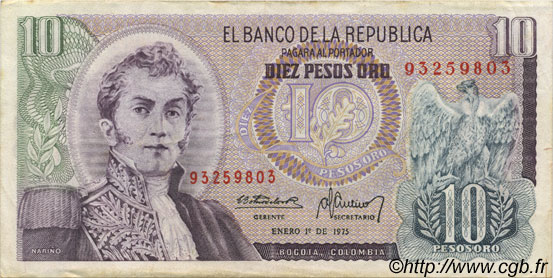 10 Pesos Oro COLOMBIA  1975 P.407f EBC