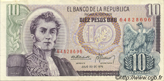 10 Pesos Oro KOLUMBIEN  1976 P.407f VZ