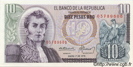 10 Pesos Oro KOLUMBIEN  1978 P.407f ST