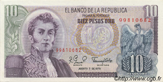 10 Pesos Oro COLOMBIA  1979 P.407g UNC-
