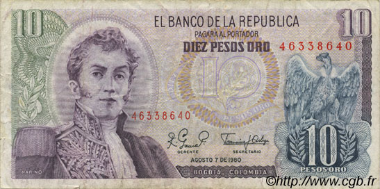 10 Pesos Oro COLOMBIA  1980 P.407g F