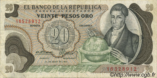 20 Pesos Oro COLOMBIA  1972 P.409a MB