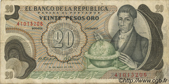 20 Pesos Oro COLOMBIA  1973 P.409a MB