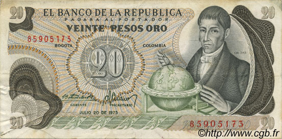 20 Pesos Oro COLOMBIA  1975 P.409c MBC