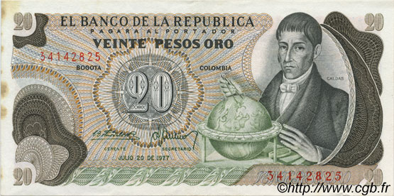 20 Pesos Oro COLOMBIA  1977 P.409c SPL
