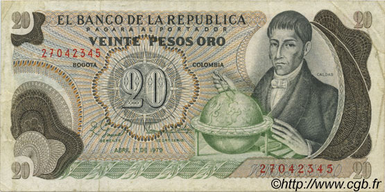 20 Pesos Oro COLOMBIA  1979 P.409d BC+