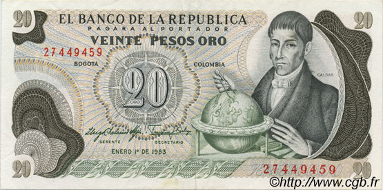 20 Pesos Oro COLOMBIA  1983 P.409d XF+