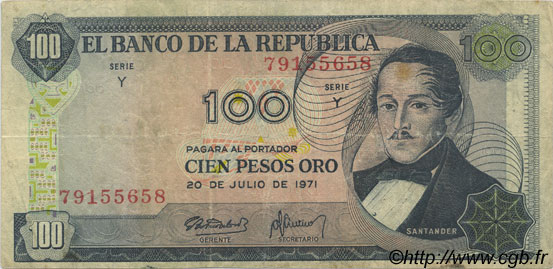 100 Pesos Oro COLOMBIA  1971 P.410c BC+