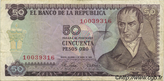 50 Pesos Oro COLOMBIA  1969 P.412a MBC