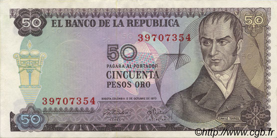50 Pesos Oro COLOMBIA  1970 P.412b XF+