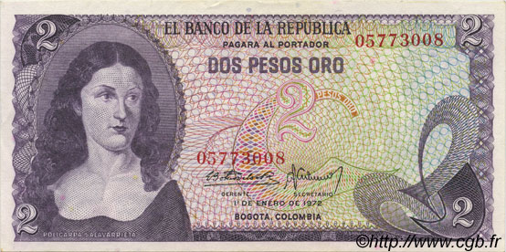 2 Pesos Oro COLOMBIA  1972 P.413a XF