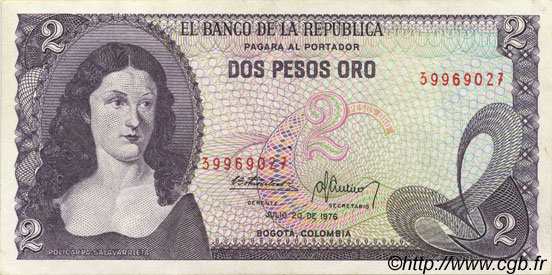 2 Pesos Oro COLOMBIA  1976 P.413b EBC+