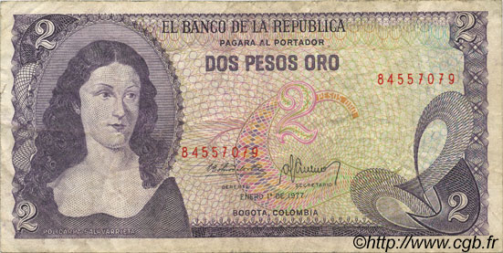 2 Pesos Oro COLOMBIA  1977 P.413b MB