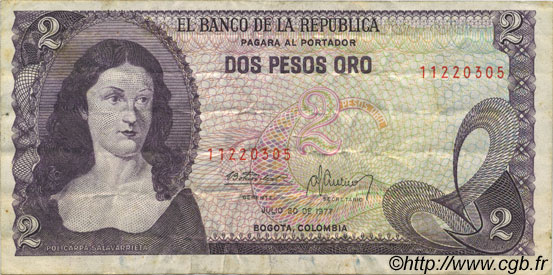 2 Pesos Oro COLOMBIA  1977 P.413b BC+