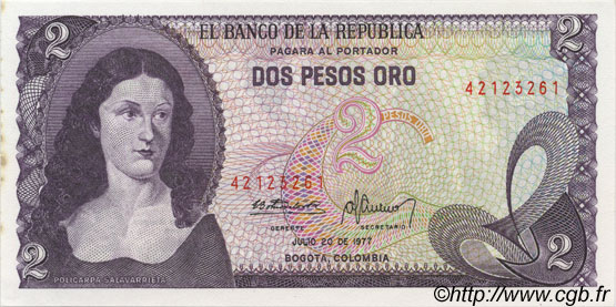 2 Pesos Oro COLOMBIA  1977 P.413b SC