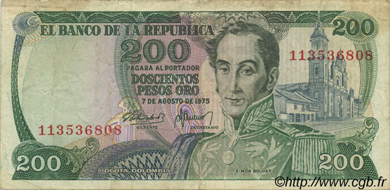 200 Pesos Oro COLOMBIA  1975 P.417b BC+