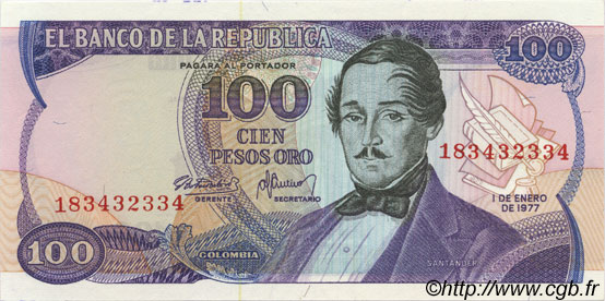 100 Pesos Oro COLOMBIA  1977 P.418a SC+