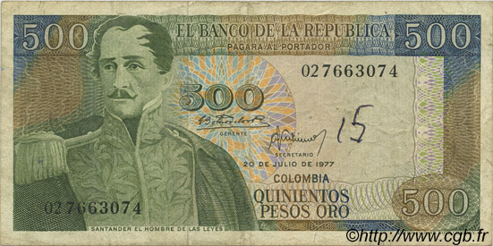 500 Pesos Oro COLOMBIA  1977 P.420a F