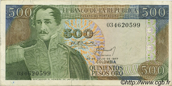 500 Pesos Oro KOLUMBIEN  1977 P.420a SS to VZ
