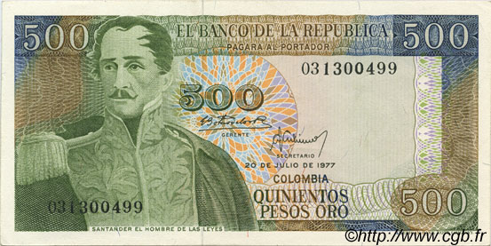 500 Pesos Oro COLOMBIE  1977 P.420a pr.NEUF