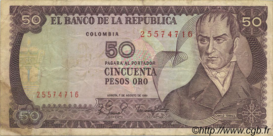 50 Pesos Oro COLOMBIA  1981 P.422a BC+