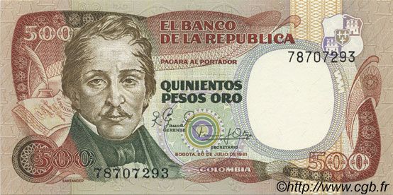 500 Pesos Oro COLOMBIA  1981 P.423a FDC