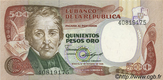 500 Pesos Oro COLOMBIA  1985 P.423c FDC