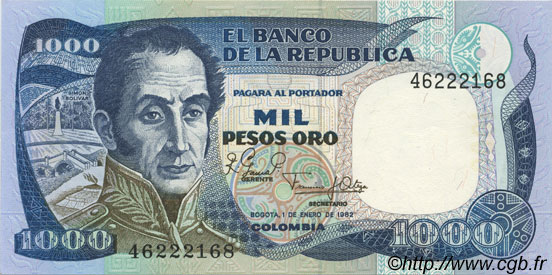 1000 Pesos Oro COLOMBIA  1982 P.424a UNC