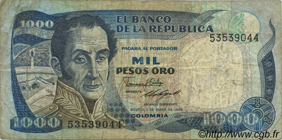 1000 Pesos Oro COLOMBIA  1986 P.424c MB