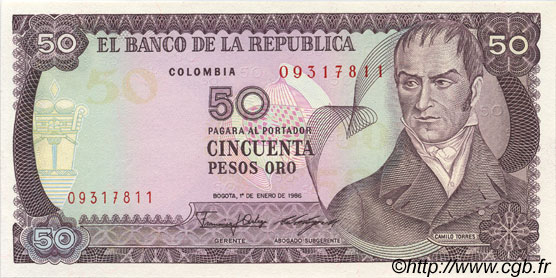 50 Pesos Oro COLOMBIA  1986 P.425b FDC