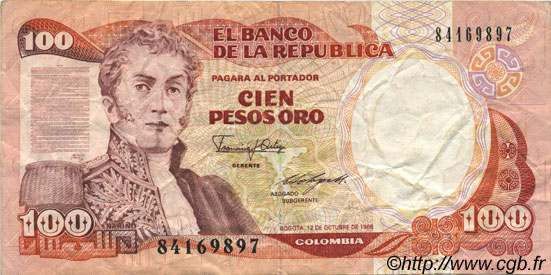 100 Pesos Oro COLOMBIA  1986 P.426b VF