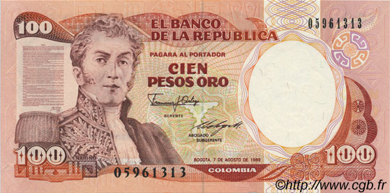 100 Pesos Oro COLOMBIA  1989 P.426d UNC