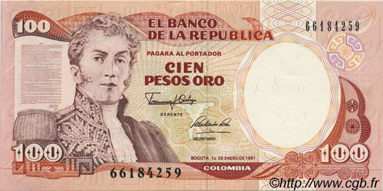 100 Pesos Oro COLOMBIA  1991 P.426e EBC+