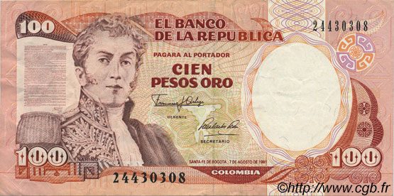 100 Pesos Oro COLOMBIA  1991 P.426A XF