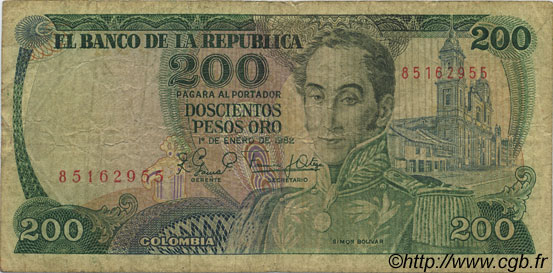 200 Pesos Oro COLOMBIA  1982 P.427 VG