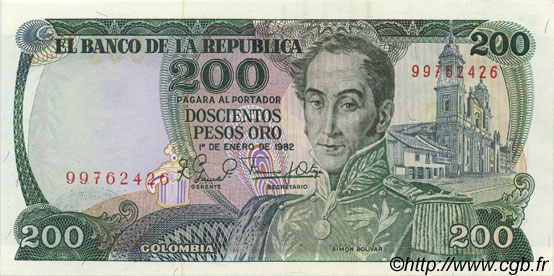 200 Pesos Oro COLOMBIA  1982 P.427 UNC-