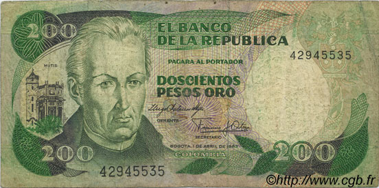 200 Pesos Oro COLOMBIA  1983 P.428a q.MB