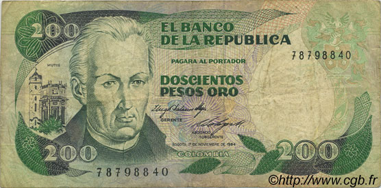 200 Pesos Oro KOLUMBIEN  1984 P.429b fS