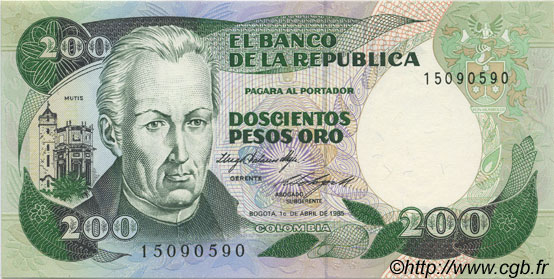 200 Pesos Oro COLOMBIA  1985 P.429b SC