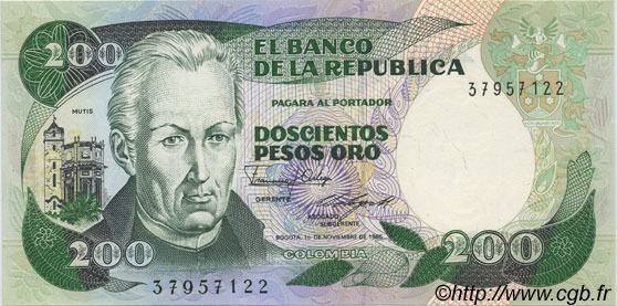 200 Pesos Oro COLOMBIA  1985 P.429c FDC
