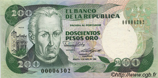 200 Pesos Oro COLOMBIA  1988 P.429d UNC-