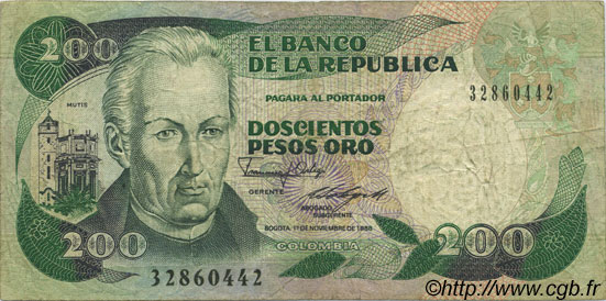 200 Pesos Oro COLOMBIA  1988 P.429d F