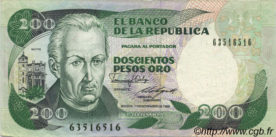 200 Pesos Oro COLOMBIA  1988 P.429d EBC