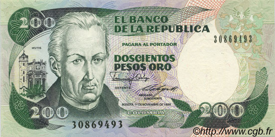 200 Pesos Oro COLOMBIA  1988 P.429d FDC