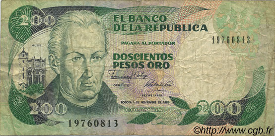 200 Pesos Oro COLOMBIA  1989 P.429d BC