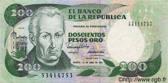 200 Pesos Oro COLOMBIA  1989 P.429d SPL