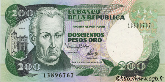 200 Pesos Oro COLOMBIA  1992 P.429A AU+