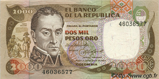 2000 Pesos Oro COLOMBIA  1984 P.430b EBC+