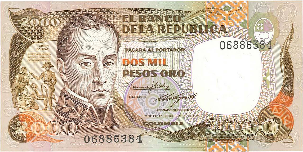 2000 Pesos Oro COLOMBIA  1986 P.430d FDC